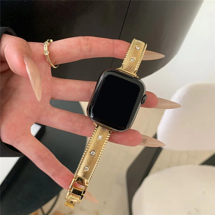 Bracelet Strap for Apple Watch Ultra 3 2 1 49mm / Series 11 10 46mm / 9 8 7 45mm / SE3 SE2 SE 6 5 4 44mm / 3 2 1 42mm Rhinestone Decor Stainless Steel Watch Band - Gold - 3