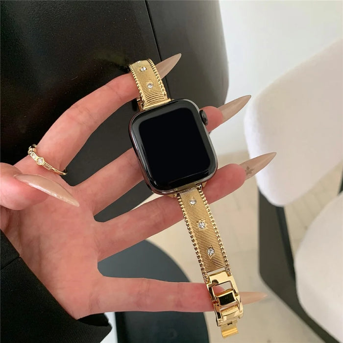 Bracelet Strap for Apple Watch Ultra 3 2 1 49mm / Series 11 10 46mm / 9 8 7 45mm / SE3 SE2 SE 6 5 4 44mm / 3 2 1 42mm Rhinestone Decor Stainless Steel Watch Band - Gold - 4