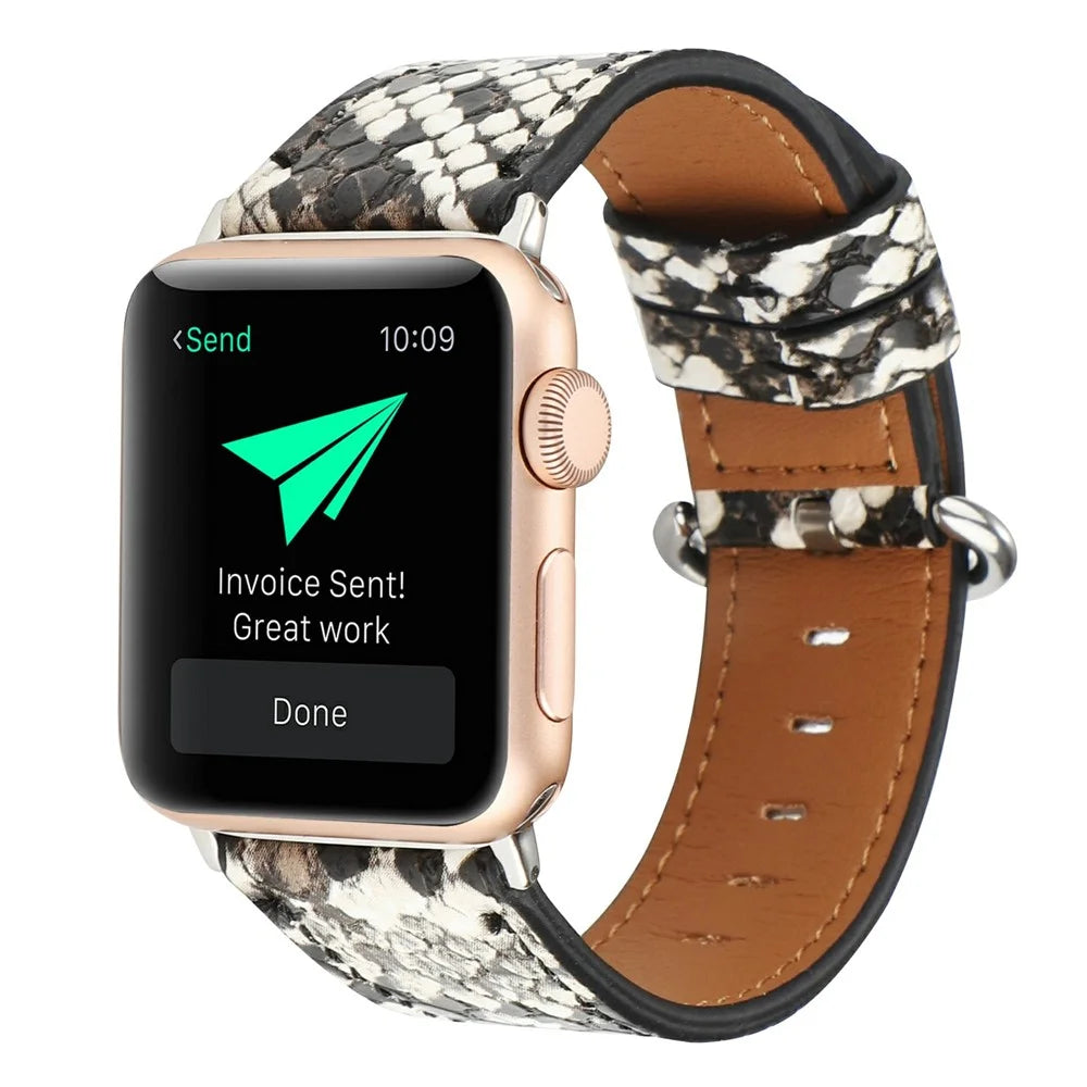 Leather Watch Strap for Apple Watch Series 11 10 42mm / 9 8 7 41mm / SE3 SE2 SE 6 5 4 40mm / 3 2 1 38mm Snakeskin Print Wrist Band - White - 2