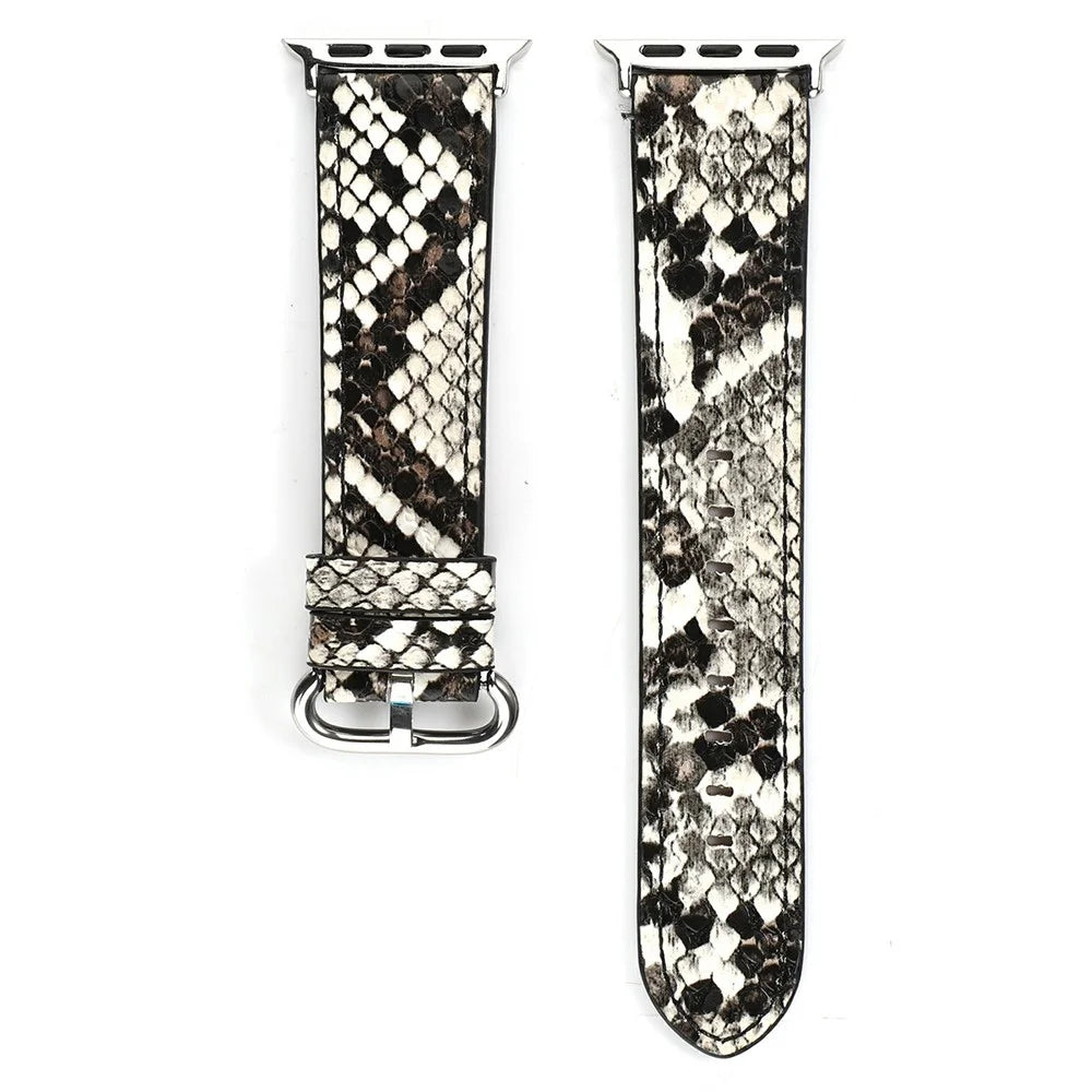 Leather Watch Strap for Apple Watch Ultra 3 2 1 49mm / Series 11 10 46mm / 9 8 7 45mm / SE3 SE2 SE 6 5 4 44mm / 3 2 1 42mm Snakeskin Print Wrist Band - White - 3