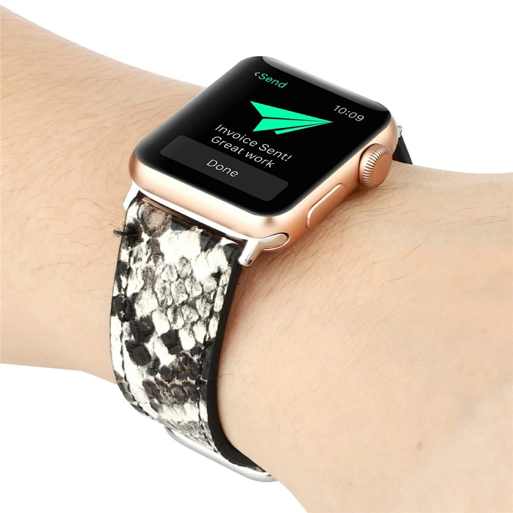 Leather Watch Strap for Apple Watch Ultra 3 2 1 49mm / Series 11 10 46mm / 9 8 7 45mm / SE3 SE2 SE 6 5 4 44mm / 3 2 1 42mm Snakeskin Print Wrist Band - White - 4