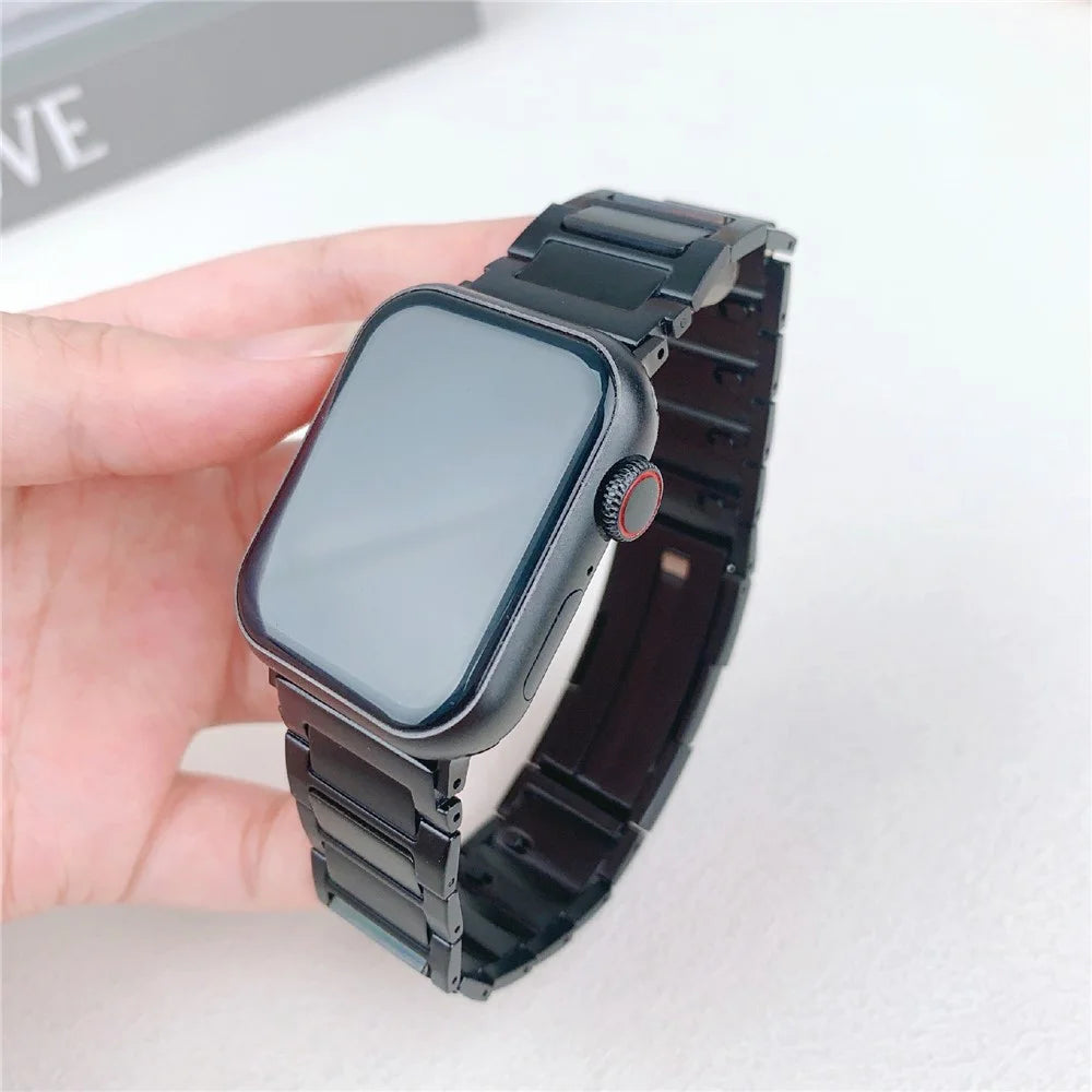 Wrist Strap for Apple Watch Ultra 3 2 1 49mm / Series 11 10 46mm / 9 8 7 45mm / SE3 SE2 SE 6 5 4 44mm / 3 2 1 42mm Three-Bead Stainless Steel Watch Band - Black - 6