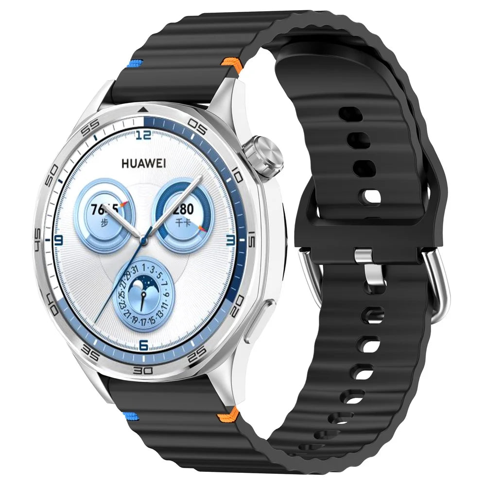 20mm Watch Strap for Samsung Galaxy Watch7 / FE / Huawei Watch GT 3 / 2 42mm Flat Wavy Silicone Band with Metal Buckle - Black - 4