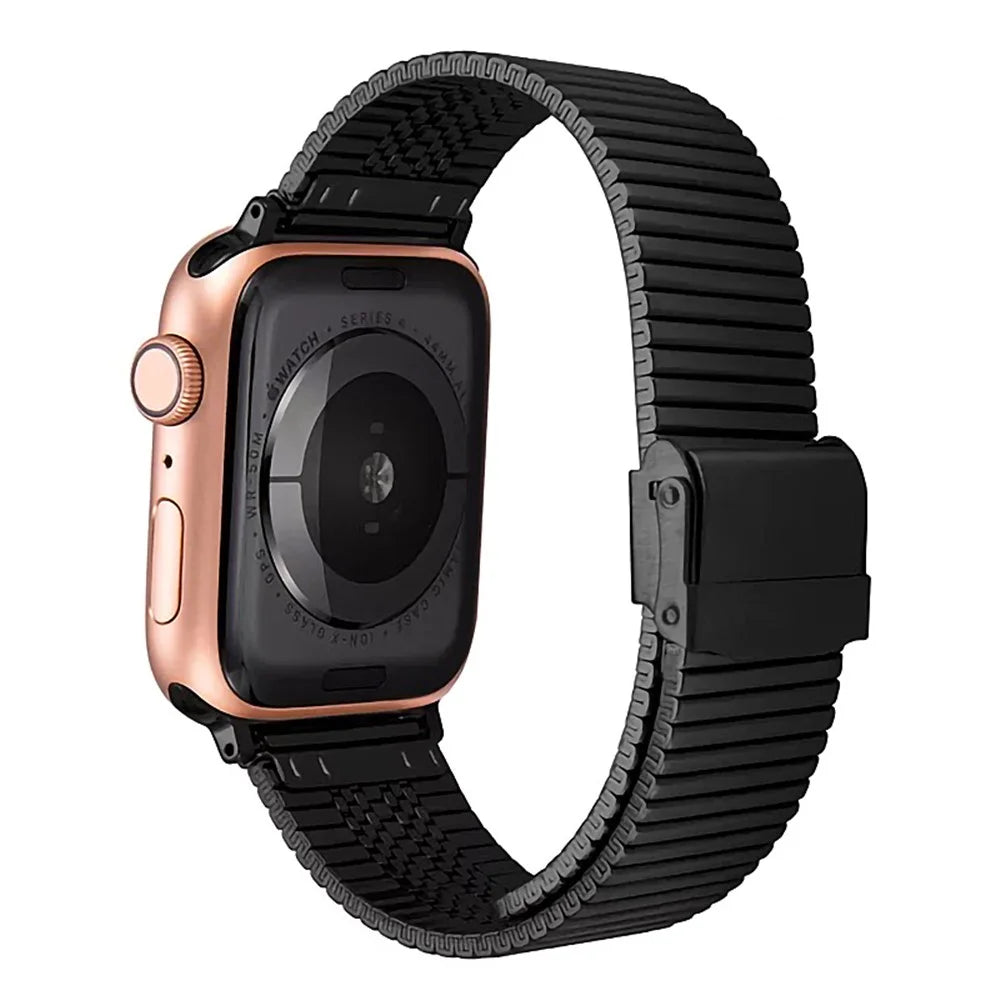Buckle Design Stainless Steel Smart Watch Strap Replacement for Apple Watch Ultra 3 2 1 49mm / Series 11 10 46mm / 9 8 7 45mm / SE3 SE2 SE 6 5 4 44mm / 3 2 1 42mm - Black - 1