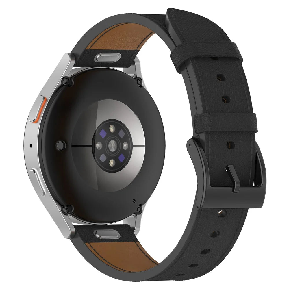 20mm Strap for Samsung Galaxy Watch 7 / 6 / 5 44mm 40mm Universal Genuine Cow Leather Watch Band with Press Button - Black - 1