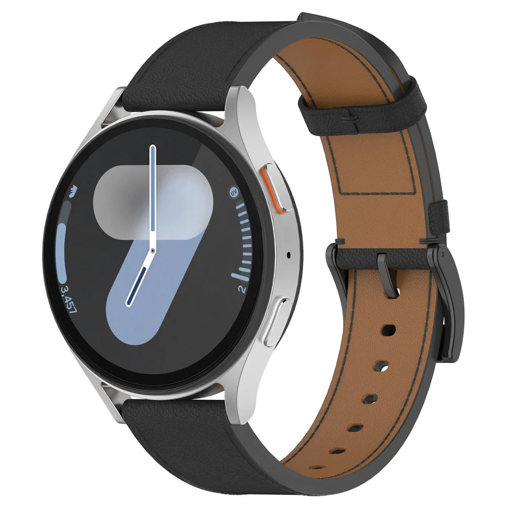 20mm Strap for Samsung Galaxy Watch 7 / 6 / 5 44mm 40mm Universal Genuine Cow Leather Watch Band with Press Button - Black - 4