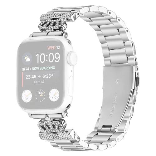 Stainless Steel Strap for Apple Watch Series 11 10 42mm / 9 8 7 41mm / SE3 SE2 SE 6 5 4 40mm / 3 2 1 38mm Crown Shape Rhinestone Decor Silver Watch Band - 1