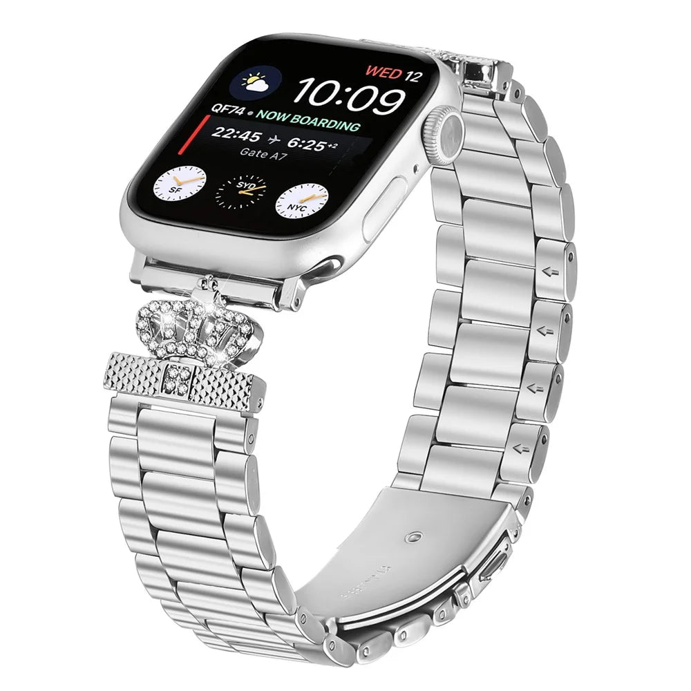 Stainless Steel Strap for Apple Watch Series 11 10 42mm / 9 8 7 41mm / SE3 SE2 SE 6 5 4 40mm / 3 2 1 38mm Crown Shape Rhinestone Decor Silver Watch Band - 3