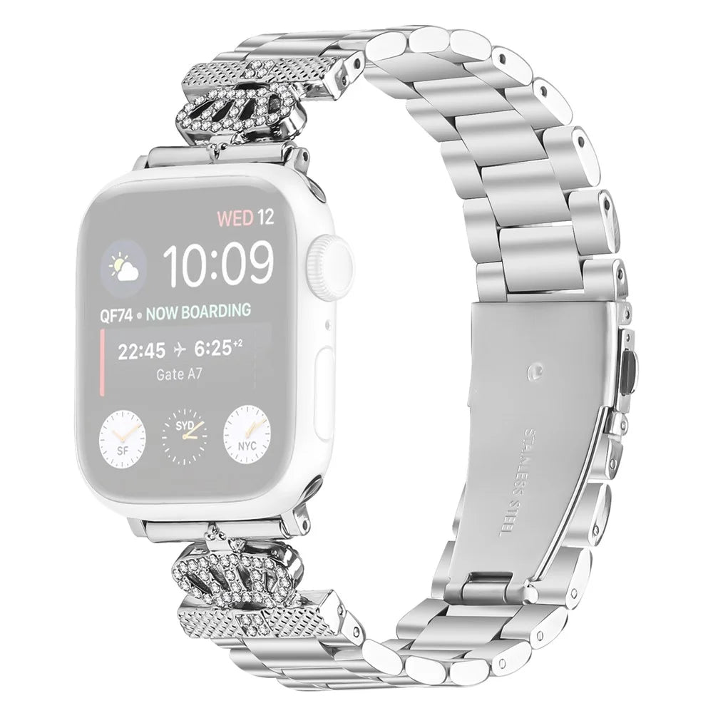 Stainless Steel Strap for Apple Watch Ultra 3 2 1 49mm / Series 11 10 46mm / 9 8 7 45mm / SE3 SE2 SE 6 5 4 44mm / 3 2 1 42mm Crown Shape Rhinestone Decor Silver Watch Band - 1