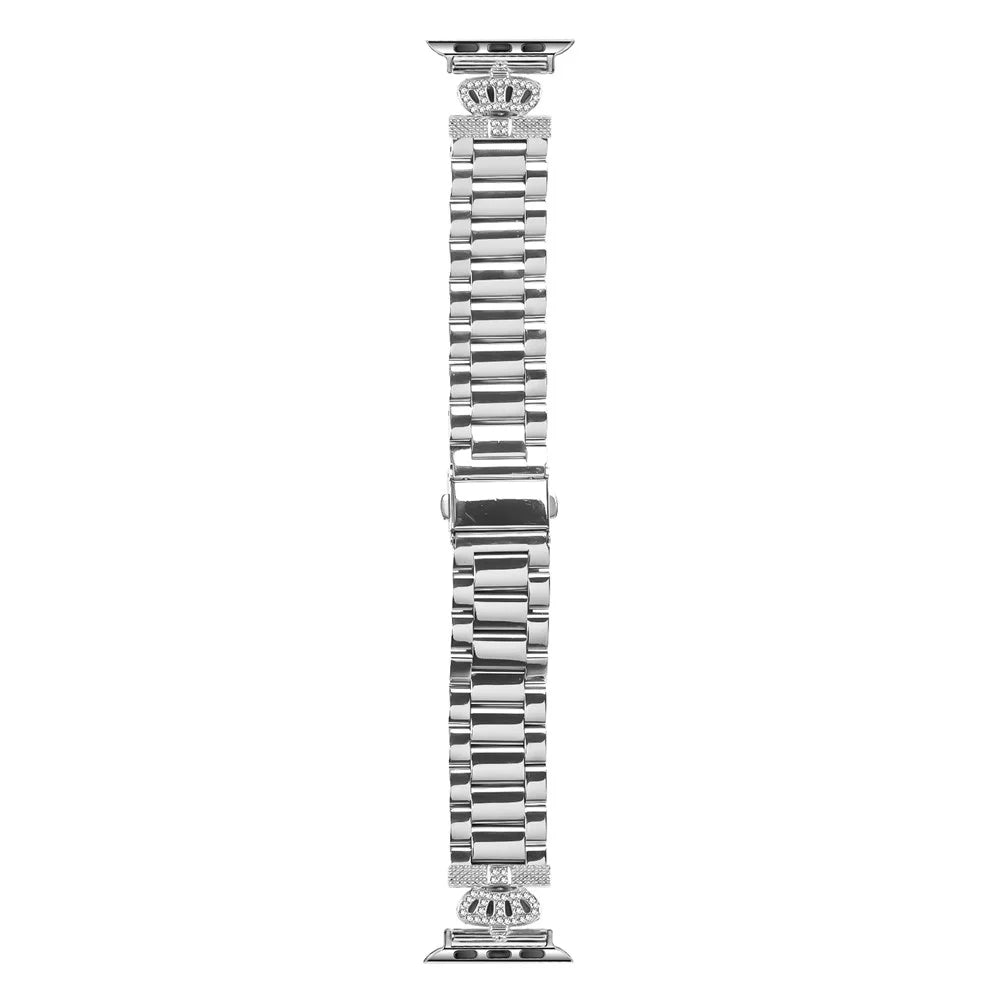 Stainless Steel Strap for Apple Watch Ultra 3 2 1 49mm / Series 11 10 46mm / 9 8 7 45mm / SE3 SE2 SE 6 5 4 44mm / 3 2 1 42mm Crown Shape Rhinestone Decor Silver Watch Band - 2