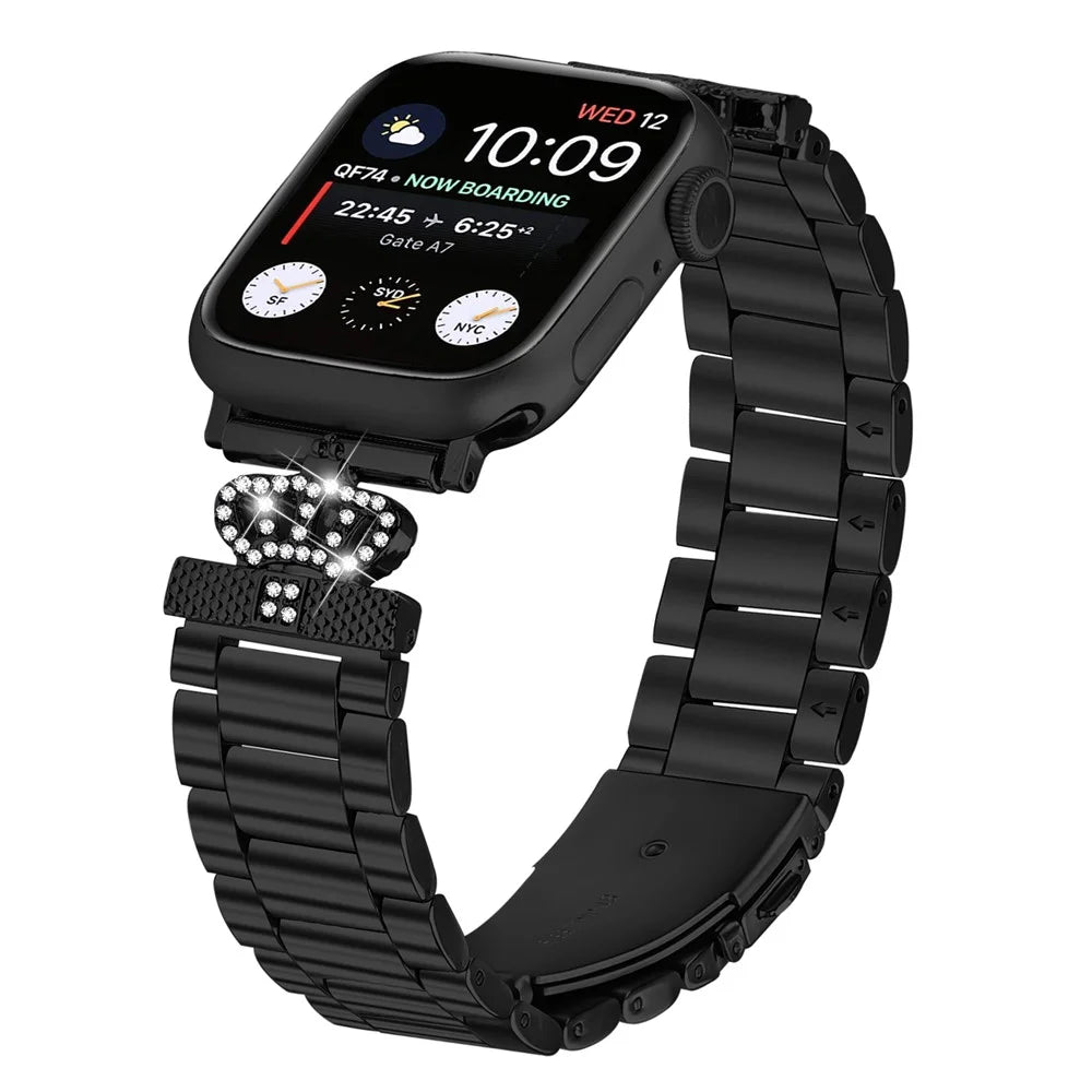 Stainless Steel Strap for Apple Watch Ultra 3 2 1 49mm / Series 11 10 46mm / 9 8 7 45mm / SE3 SE2 SE 6 5 4 44mm / 3 2 1 42mm Crown Shape Watch Band - Black - 3