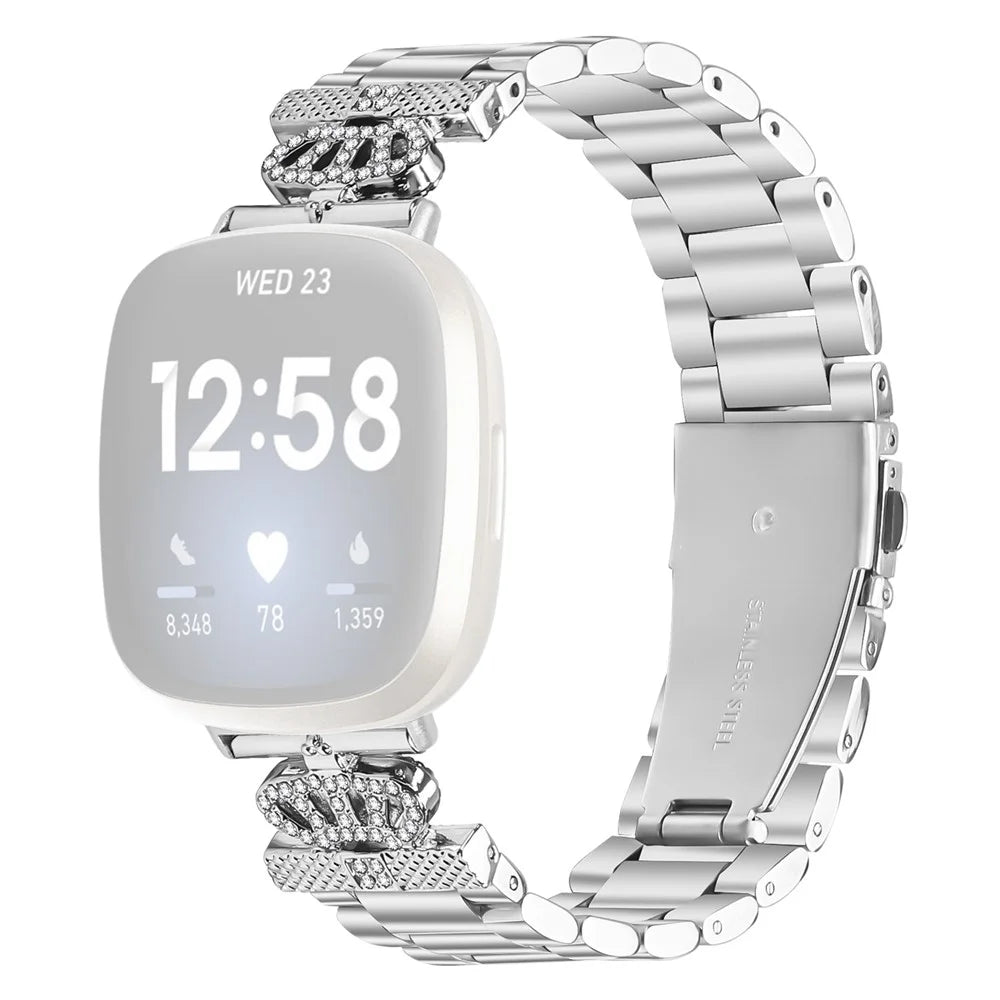 For Fitbit Versa 3 / Sense Stainless Steel Strap Crown Shape Rhinestone Decor Silver Watch Band - 1