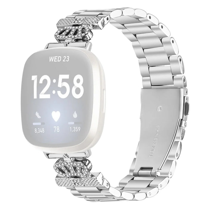 For Fitbit Versa 3 / Sense Stainless Steel Strap Crown Shape Rhinestone Decor Silver Watch Band - 1