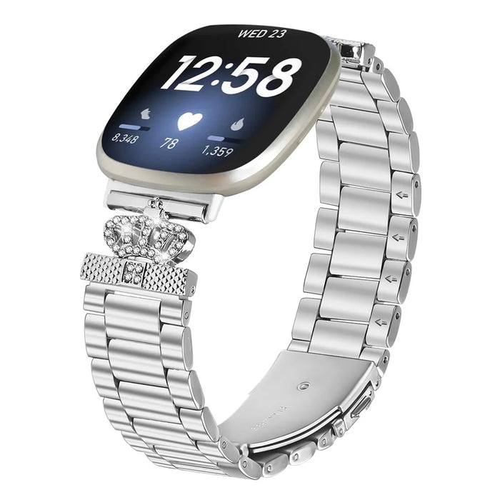 For Fitbit Versa 3 / Sense Stainless Steel Strap Crown Shape Rhinestone Decor Silver Watch Band - 3