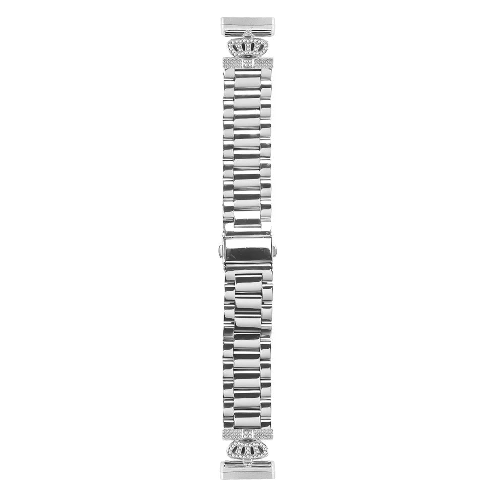 For Fitbit Versa 4 / Sense 2 Stainless Steel Strap Crown Shape Rhinestone Decor Silver Watch Band - 2