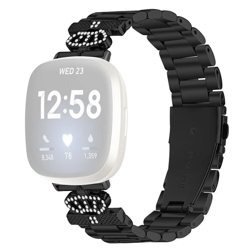 Stainless Steel Strap for Fitbit Versa 4 / Sense 2 Crown Shape Rhinestone Decor Watch Band - Black - 1