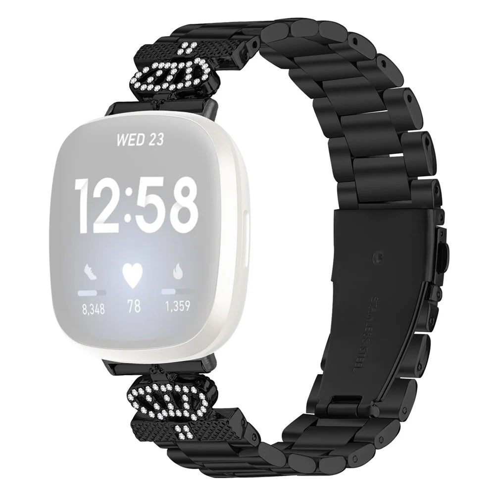 Stainless Steel Strap for Fitbit Versa 4 / Sense 2 Crown Shape Rhinestone Decor Watch Band - Black - 1