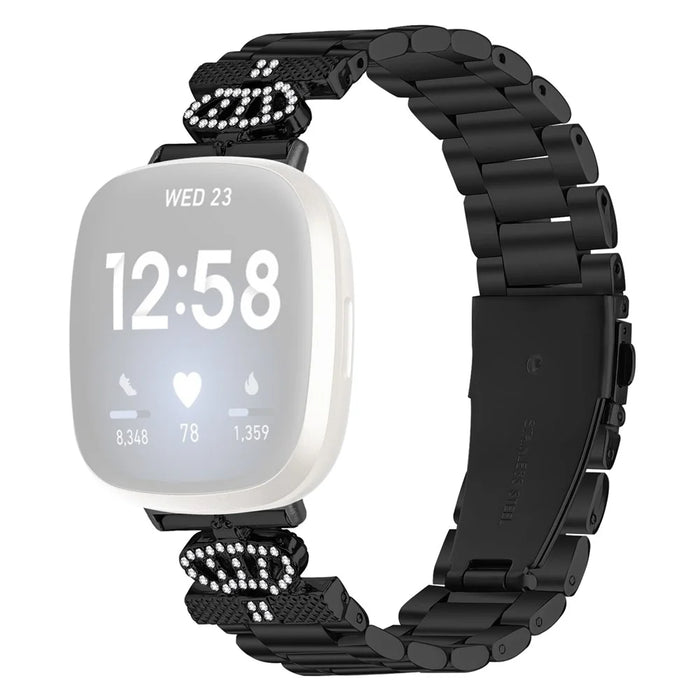 Stainless Steel Strap for Fitbit Versa 4 / Sense 2 Crown Shape Rhinestone Decor Watch Band - Black - 1