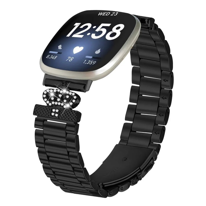 Stainless Steel Strap for Fitbit Versa 4 / Sense 2 Crown Shape Rhinestone Decor Watch Band - Black - 3
