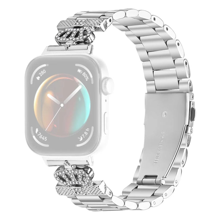 For Huawei Watch Fit 3 Stainless Steel Strap Crown Shape Rhinestone Decor Silver Watch Band - 1