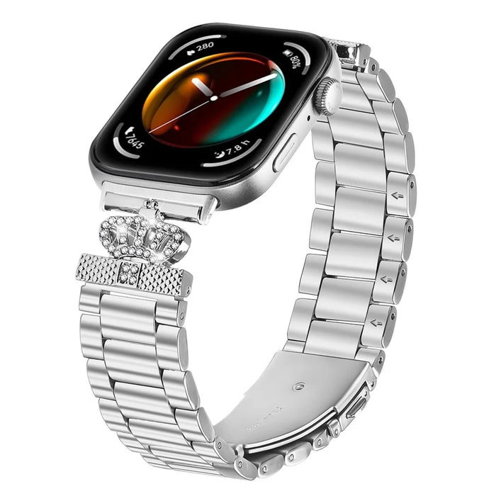 For Huawei Watch Fit 3 Stainless Steel Strap Crown Shape Rhinestone Decor Silver Watch Band - 3
