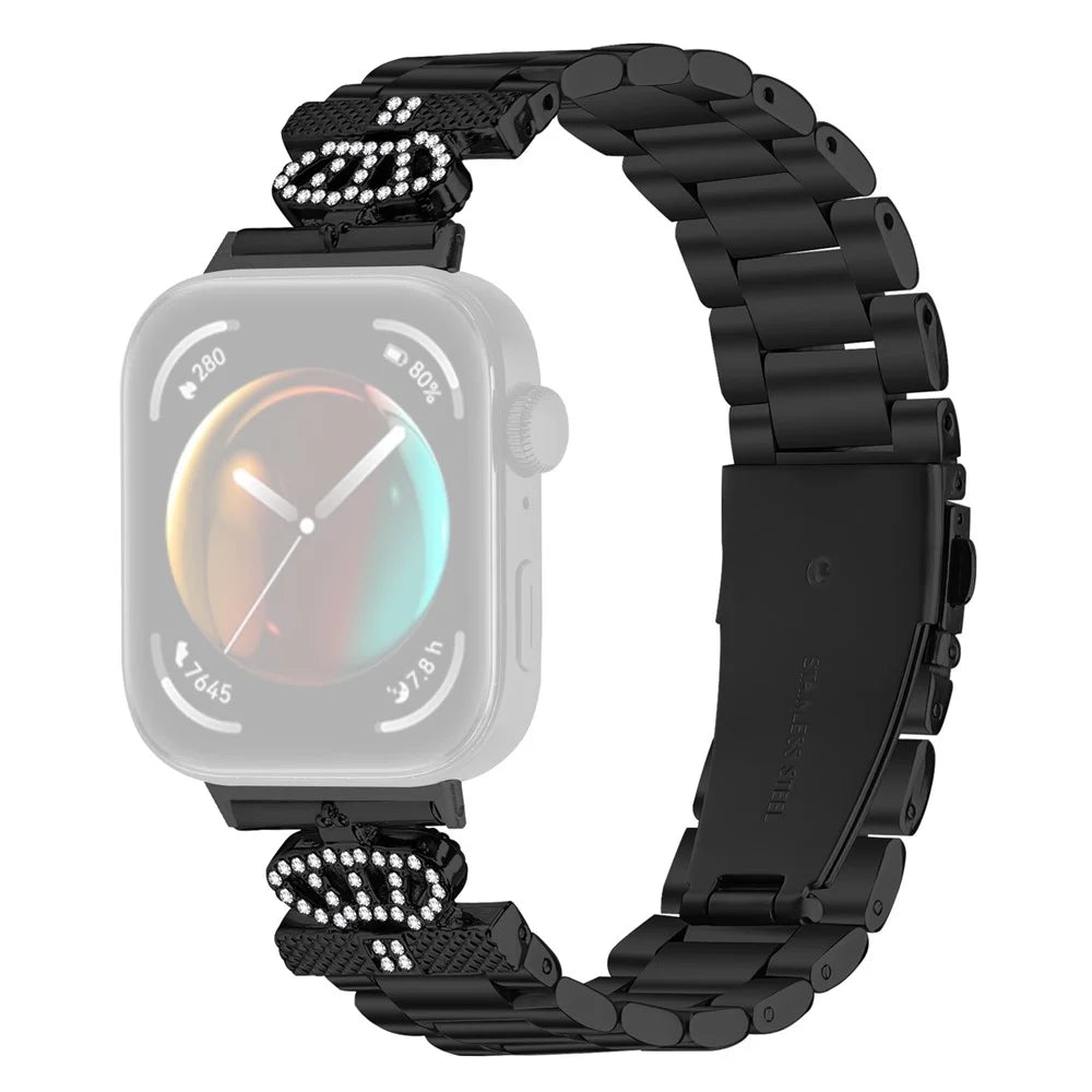 For Huawei Watch Fit 3 Stainless Steel Strap Crown Shape Rhinestone Decor Watch Band - Black - 1