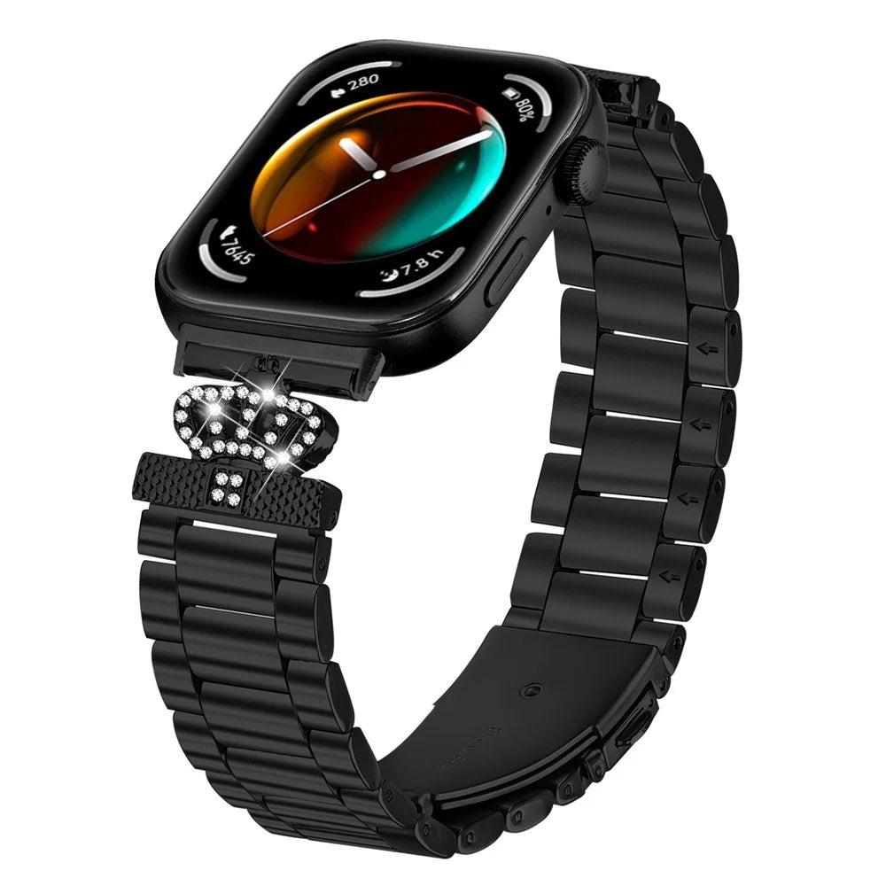 For Huawei Watch Fit 3 Stainless Steel Strap Crown Shape Rhinestone Decor Watch Band - Black - 3