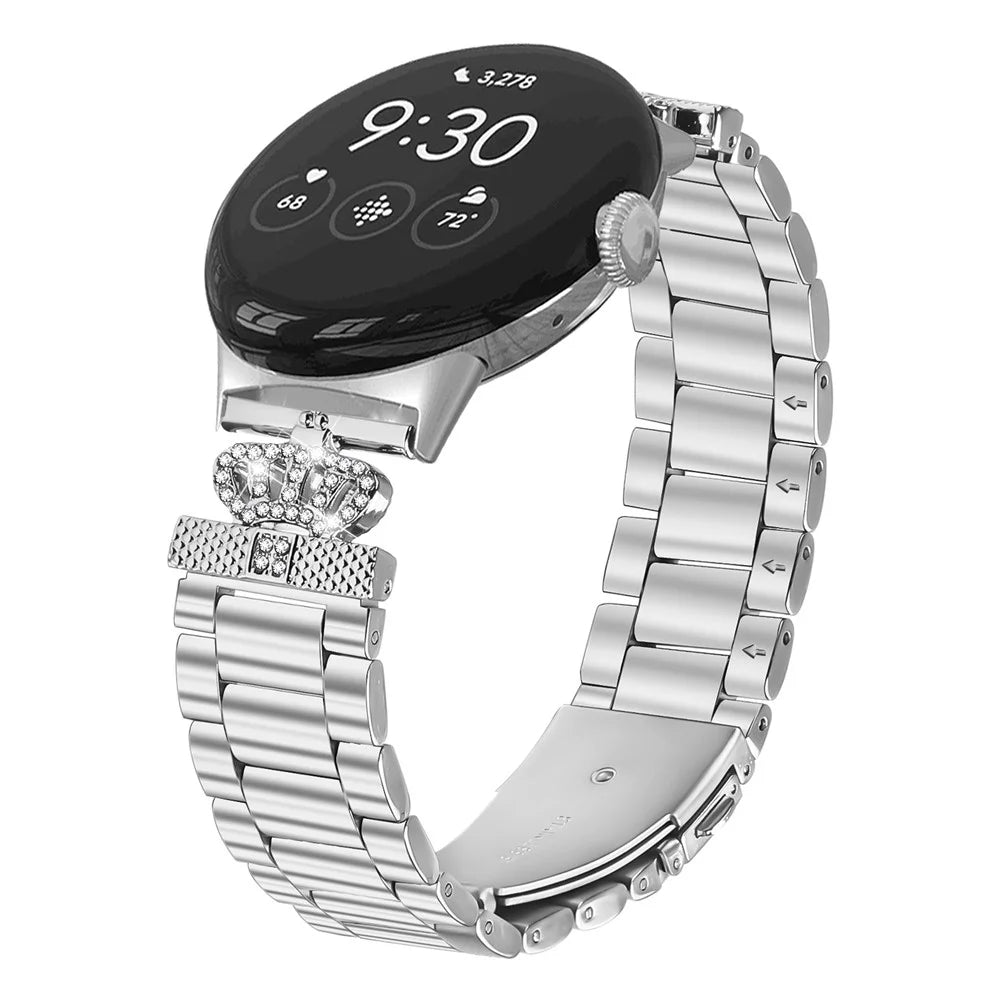 For Google Pixel Watch 4 41mm / Watch 3 41mm / Watch 2 / Watch Stainless Steel Strap Crown Shape Rhinestone Decor Silver Watch Band - 3