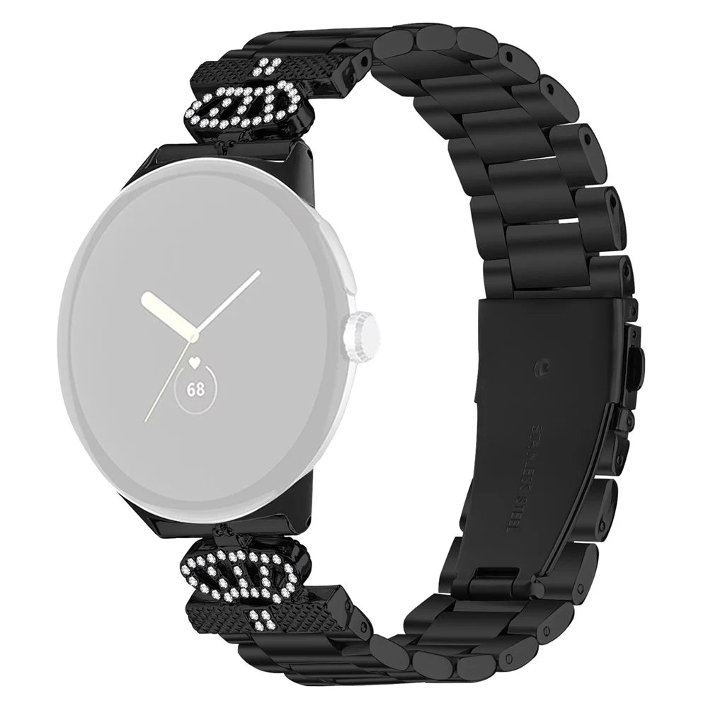 For Google Pixel Watch 4 41mm / Watch 3 41mm / Watch 2 / Watch Stainless Steel Strap Crown Shape Rhinestone Decor Watch Band - Black - 1