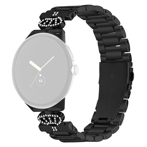 For Google Pixel Watch 4 41mm / Watch 3 41mm / Watch 2 / Watch Stainless Steel Strap Crown Shape Rhinestone Decor Watch Band - Black - 1