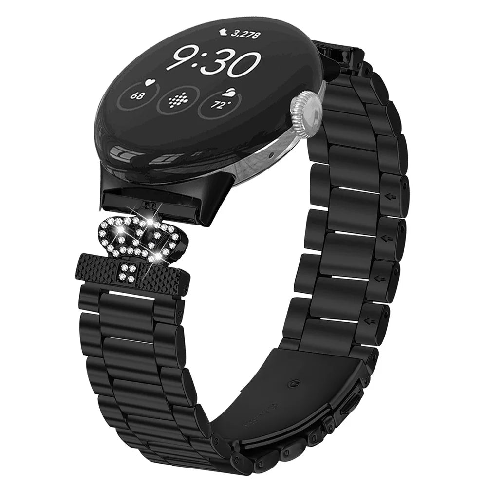 For Google Pixel Watch 4 41mm / Watch 3 41mm / Watch 2 / Watch Stainless Steel Strap Crown Shape Rhinestone Decor Watch Band - Black - 3