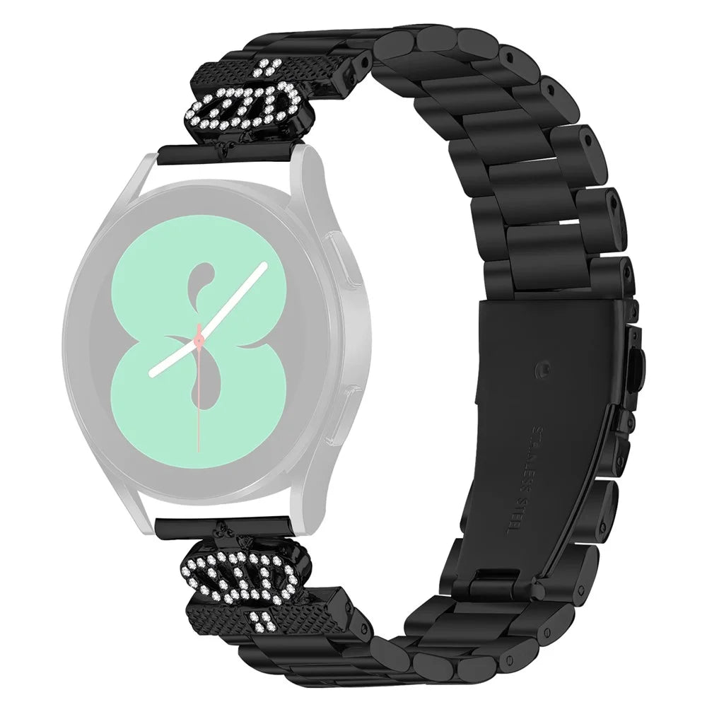 For Samsung Galaxy Watch Active Stainless Steel Strap Crown Shape Rhinestone Decor Watch Band - Black - 1