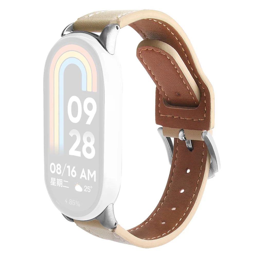 Watchband for Xiaomi Smart Band 9 NFC / 9 / 8 NFC / 8 Microfiber Leather Watch Strap with Silver Buckle - Apricot - 1