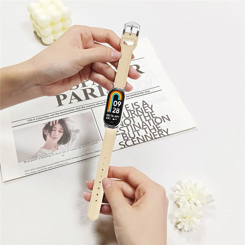 Watchband for Xiaomi Smart Band 9 NFC / 9 / 8 NFC / 8 Microfiber Leather Watch Strap with Silver Buckle - Apricot - 6
