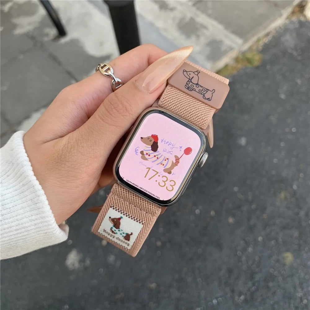 Nylon Strap for Apple Watch Ultra 3 2 1 49mm / Series 11 10 46mm / 9 8 7 45mm / SE3 SE2 SE 6 5 4 44mm / 3 2 1 42mm Dog Pattern Magnetic Buckle Watch Band - Pink - 4