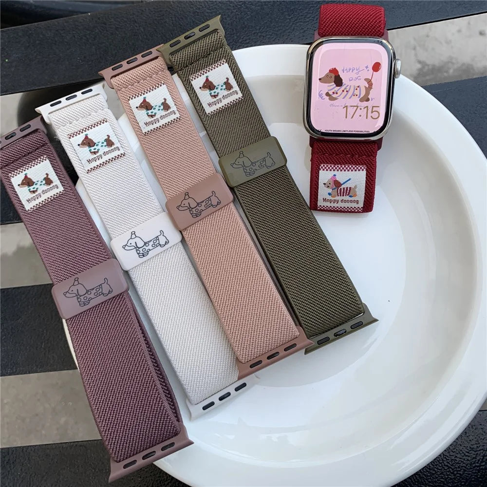 Nylon Strap for Apple Watch Ultra 3 2 1 49mm / Series 11 10 46mm / 9 8 7 45mm / SE3 SE2 SE 6 5 4 44mm / 3 2 1 42mm Dog Pattern Magnetic Buckle Watch Band - Pink - 6