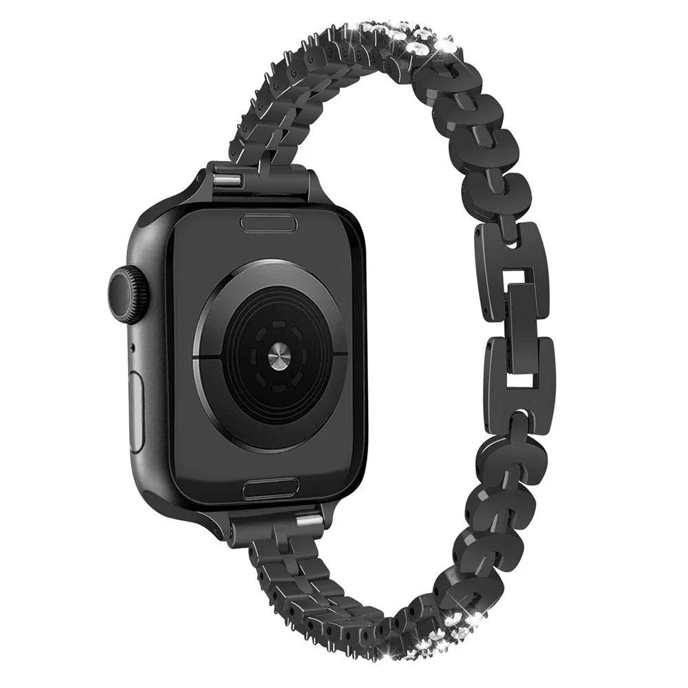 Watch Strap for Apple Watch Series 11 10 42mm / 9 8 7 41mm / SE3 SE2 SE 6 5 4 40mm / 3 2 1 38mm Rhinestone Decor Alloy Bracelet Wrist Band - Black - 4