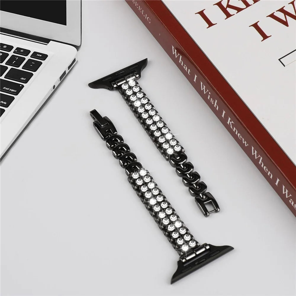 Watch Strap for Apple Watch Ultra 3 2 1 49mm / Series 11 10 46mm / 9 8 7 45mm / SE3 SE2 SE 6 5 4 44mm / 3 2 1 42mm Rhinestone Decor Alloy Bracelet Wrist Band - Black - 7