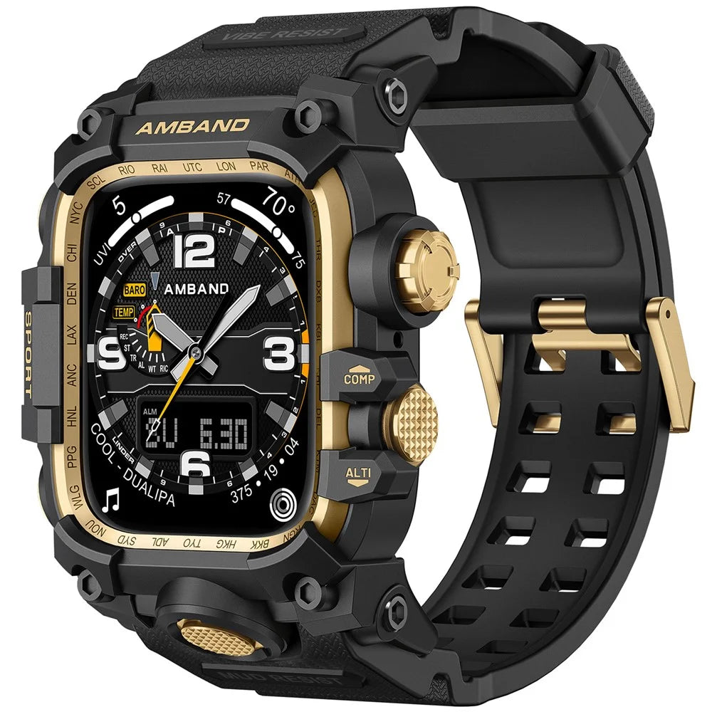 AMBAND For Apple Watch Series 10 46mm Watch Band Bump Proof TPU Strap with Integrated Watch Case - Black+Gold - 1