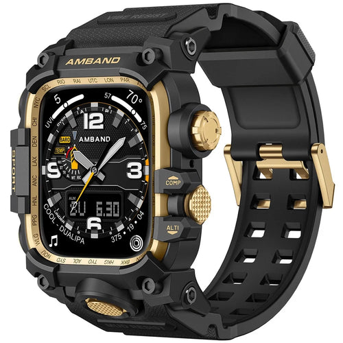 AMBAND For Apple Watch Series 10 46mm Watch Band Bump Proof TPU Strap with Integrated Watch Case - Black+Gold - 1