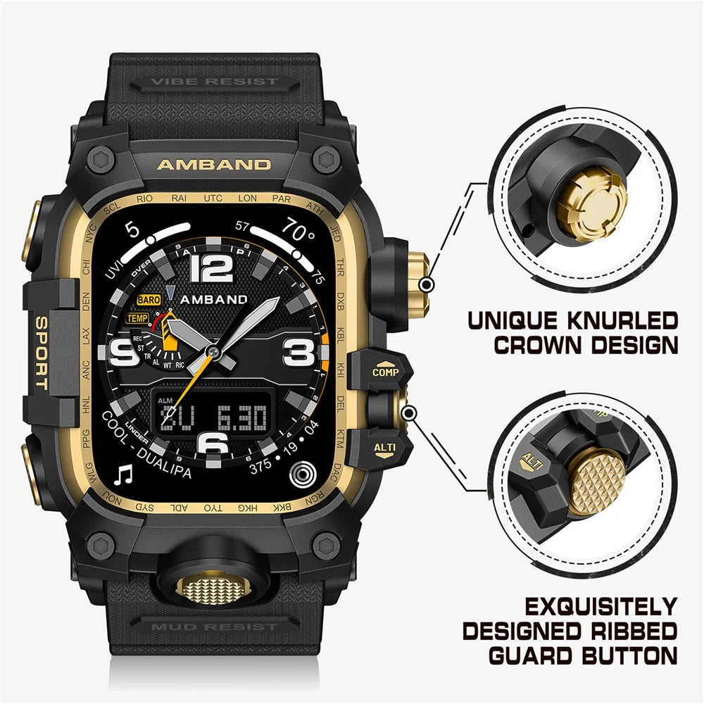 AMBAND For Apple Watch Series 10 46mm Watch Band Bump Proof TPU Strap with Integrated Watch Case - Black+Gold - 2