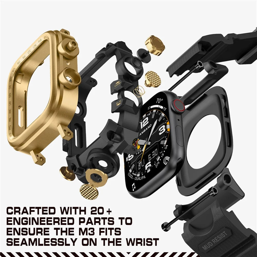 AMBAND For Apple Watch Series 10 46mm Watch Band Bump Proof TPU Strap with Integrated Watch Case - Black+Gold - 3