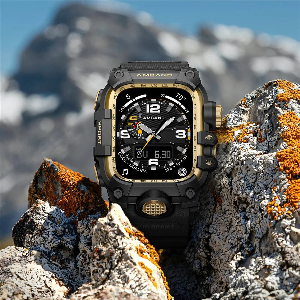 AMBAND For Apple Watch Series 10 46mm Watch Band Bump Proof TPU Strap with Integrated Watch Case - Black+Gold - 4