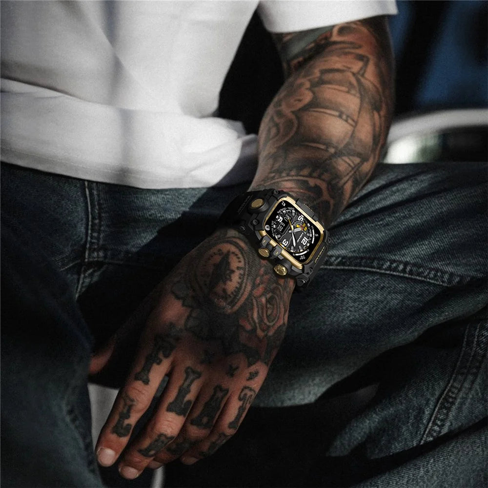 AMBAND For Apple Watch Series 10 46mm Watch Band Bump Proof TPU Strap with Integrated Watch Case - Black+Gold - 6