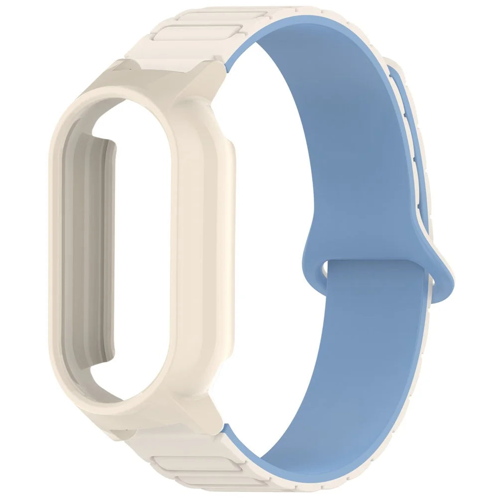For Xiaomi Smart Band 9 NFC / 9 Magnetic Silicone Strap Dual Color Wristband with PC Protective Frame - White+Blue+White - 2