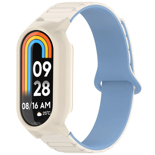 Magnetic Silicone Strap for Xiaomi Mi Band 9 Ceramic Edition / Smart Band 8 NFC / 8 Dual Color Band with PC Watch Frame - White+Blue+White - 1