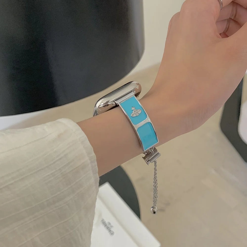Watch Band For Apple Watch Series 11 10 42mm / 9 8 7 41mm / SE3 SE2 SE 6 5 4 40mm / 3 2 1 38mm Enamel Saturn Bracelet Metal Strap - Cream Blue - 4