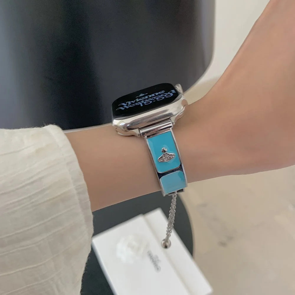 Watch Band For Apple Watch Series 11 10 42mm / 9 8 7 41mm / SE3 SE2 SE 6 5 4 40mm / 3 2 1 38mm Enamel Saturn Bracelet Metal Strap - Cream Blue - 6