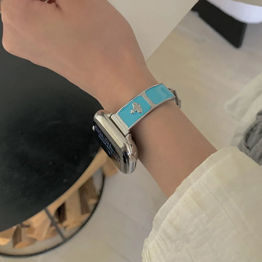 Watch Band For Apple Watch Ultra 3 2 1 49mm / Series 11 10 46mm / 9 8 7 45mm / SE3 SE2 SE 6 5 4 44mm / 3 2 1 42mm Enamel Saturn Bracelet Metal Strap - Cream Blue - 2