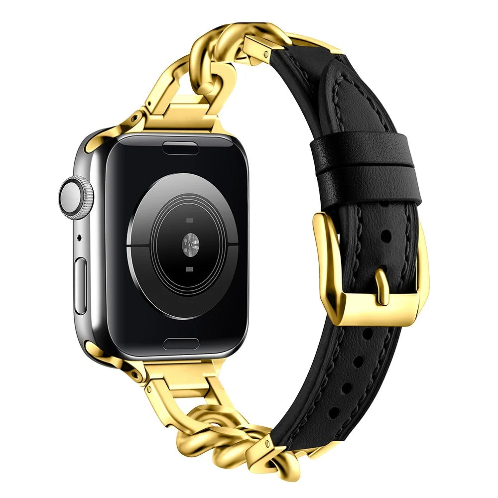 Watch Band For Apple Watch Ultra 3 2 1 49mm / Series 11 10 46mm / 9 8 7 45mm / SE3 SE2 SE 6 5 4 44mm / 3 2 1 42mm Genuine Cow Leather Strap - Black + Gold - 1